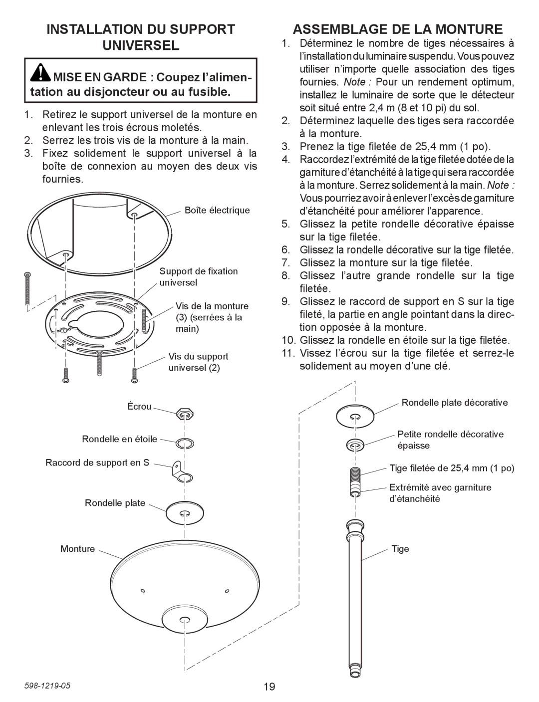 Heath Zenith 4350 manual Installation DU Support Universel, Assemblage DE LA Monture 