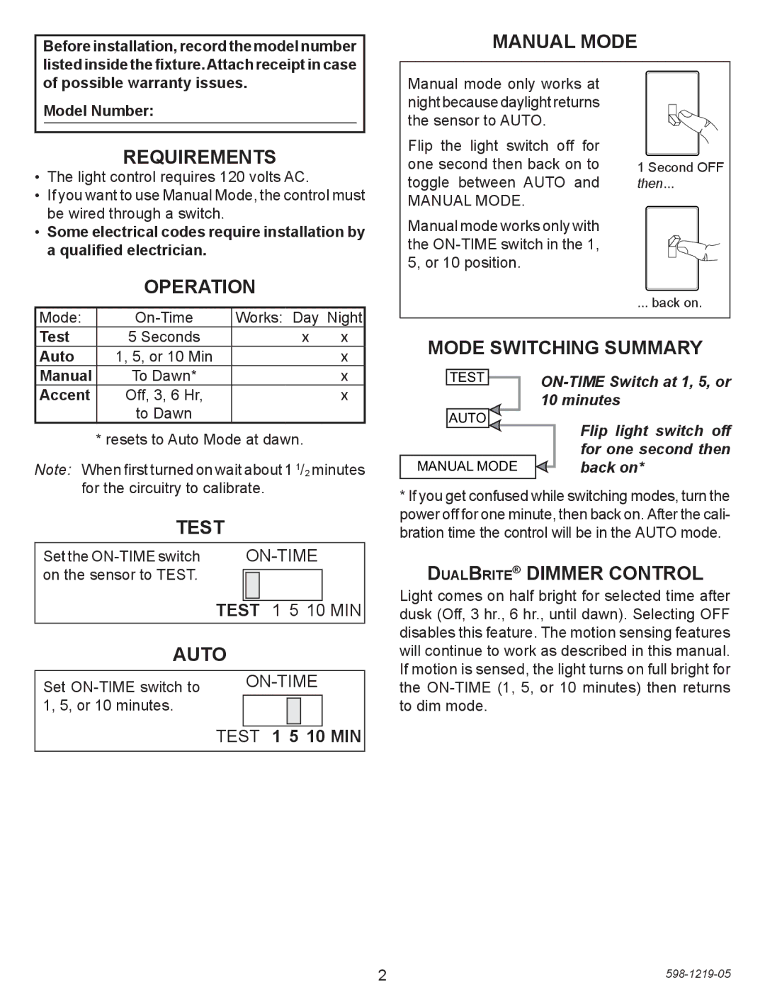 Heath Zenith 4350 manual Manual Mode, Operation, Test, Auto 