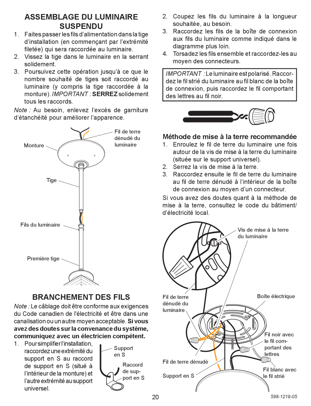 Heath Zenith 4350 manual Assemblage DU Luminaire Suspendu, Branchement DES Fils, Méthode de mise à la terre recommandée 