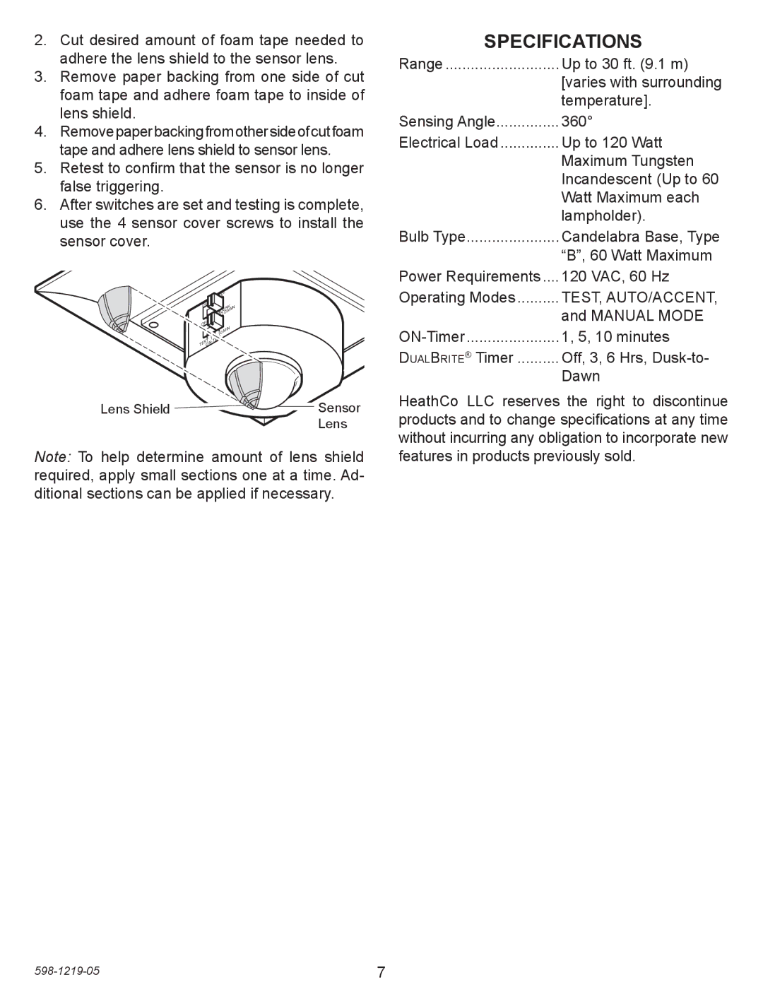 Heath Zenith 4350 manual Specifications, Test, Auto/Accent 