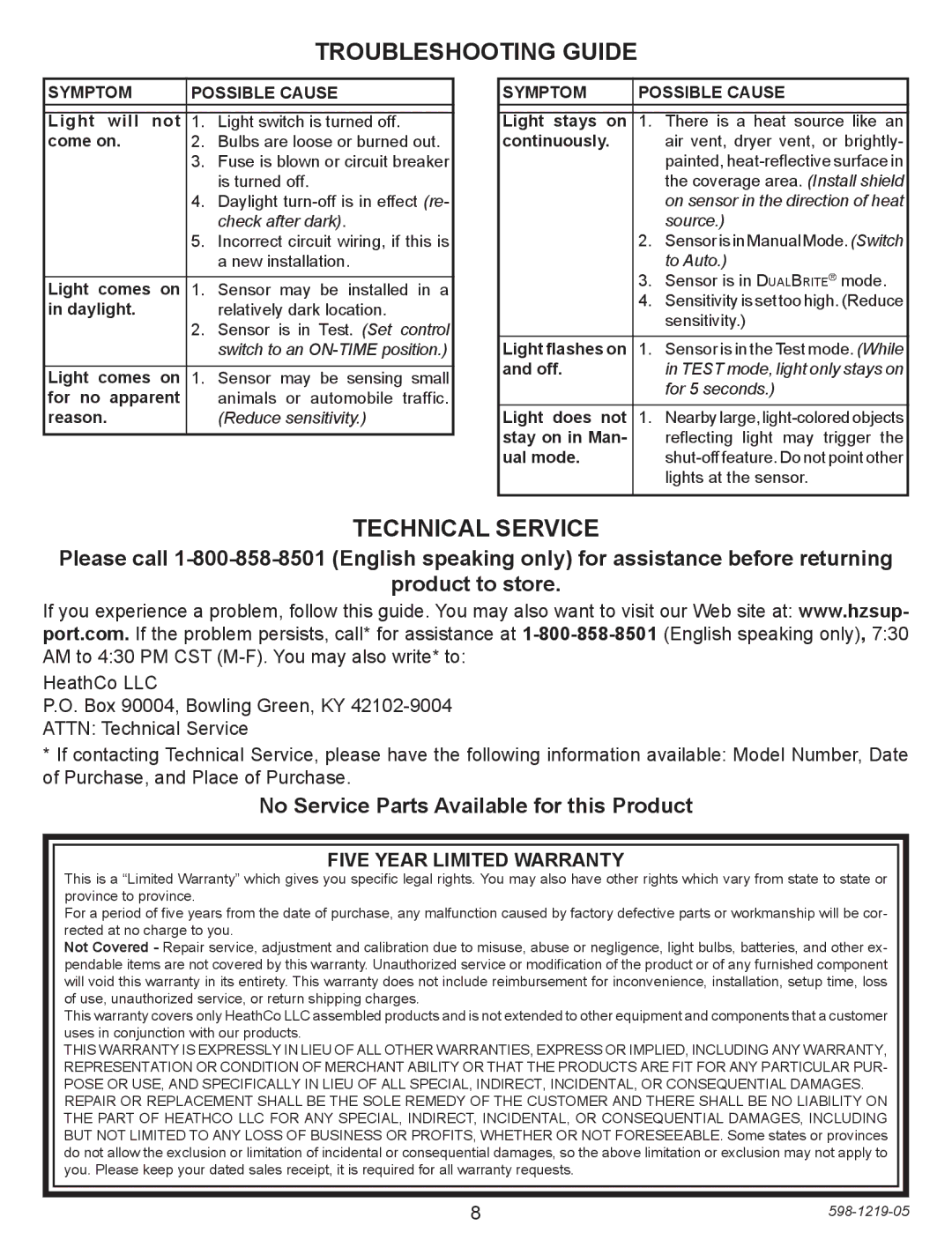 Heath Zenith 4350 manual Troubleshooting Guide, Technical Service, No Service Parts Available for this Product 