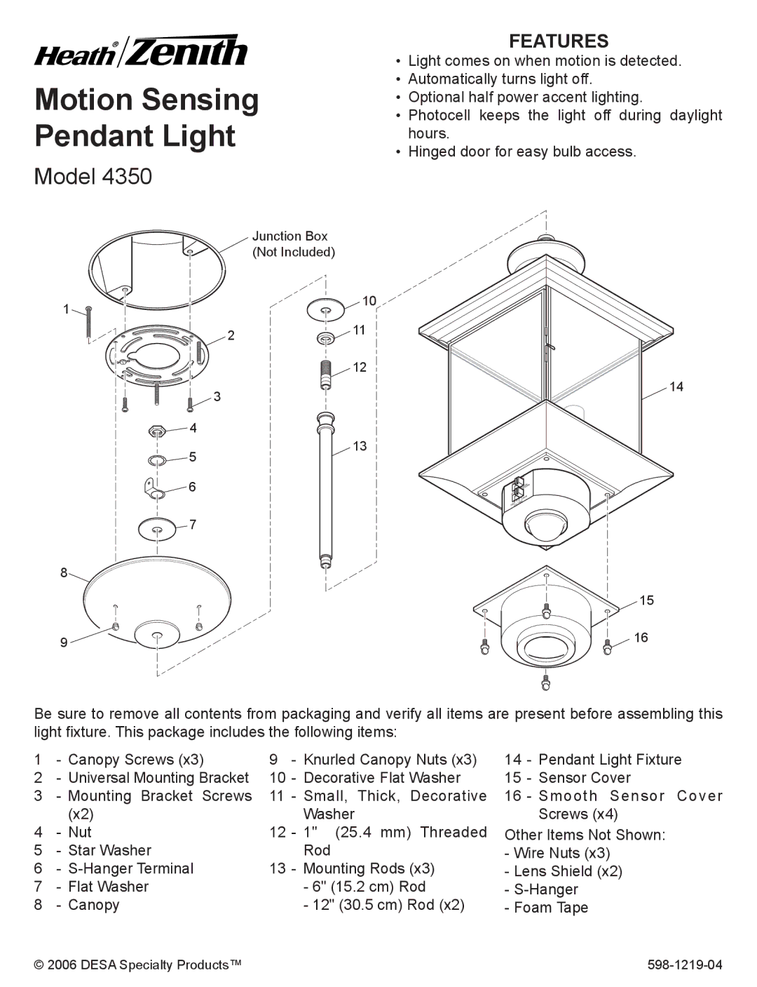 Heath Zenith 4350 manual Motion Sensing Pendant Light, Features 