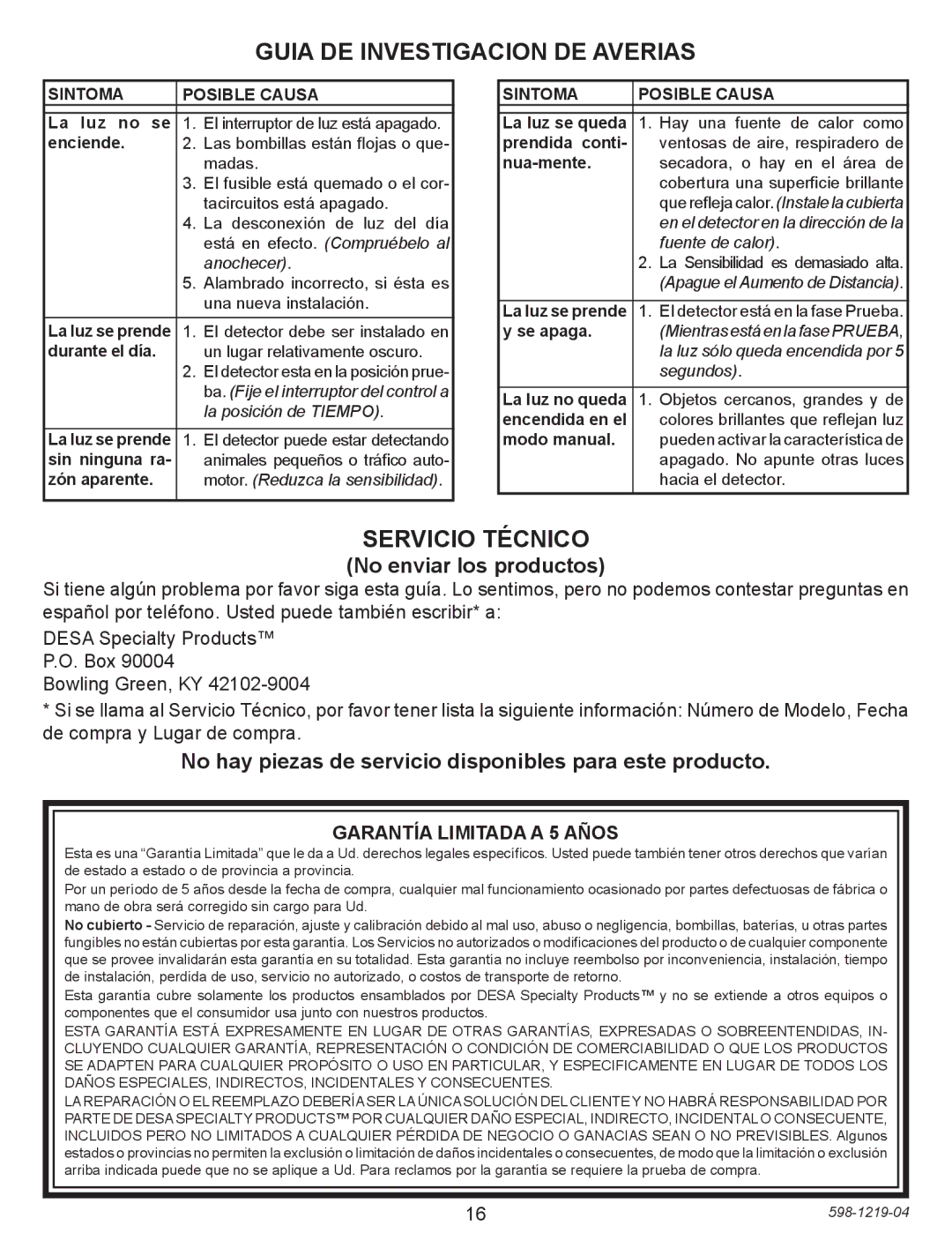 Heath Zenith 4350 manual Guia DE Investigacion DE Averias, Servicio Técnico, No enviar los productos 