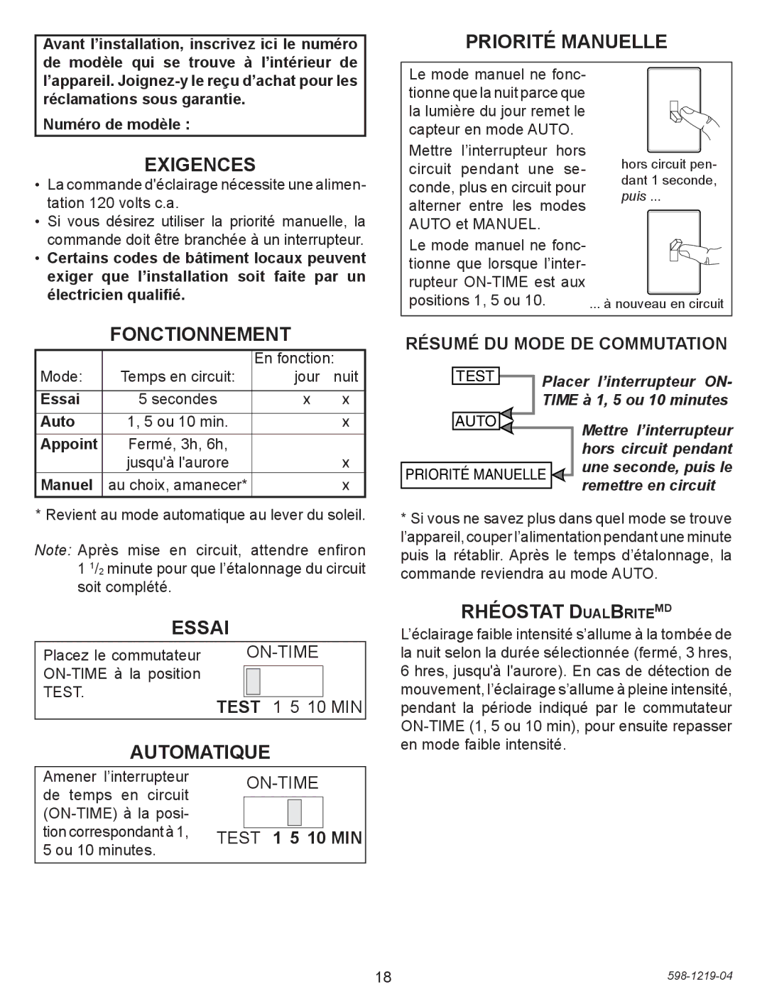 Heath Zenith 4350 manual Priorité Manuelle, Exigences, Fonctionnement, Essai, Automatique, Rhéostat Dualbritemd 