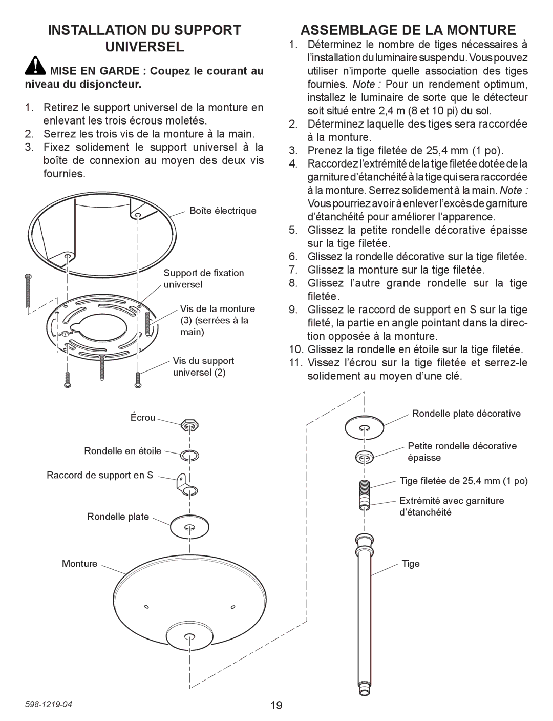 Heath Zenith 4350 manual Installation DU Support Universel, Assemblage DE LA Monture 