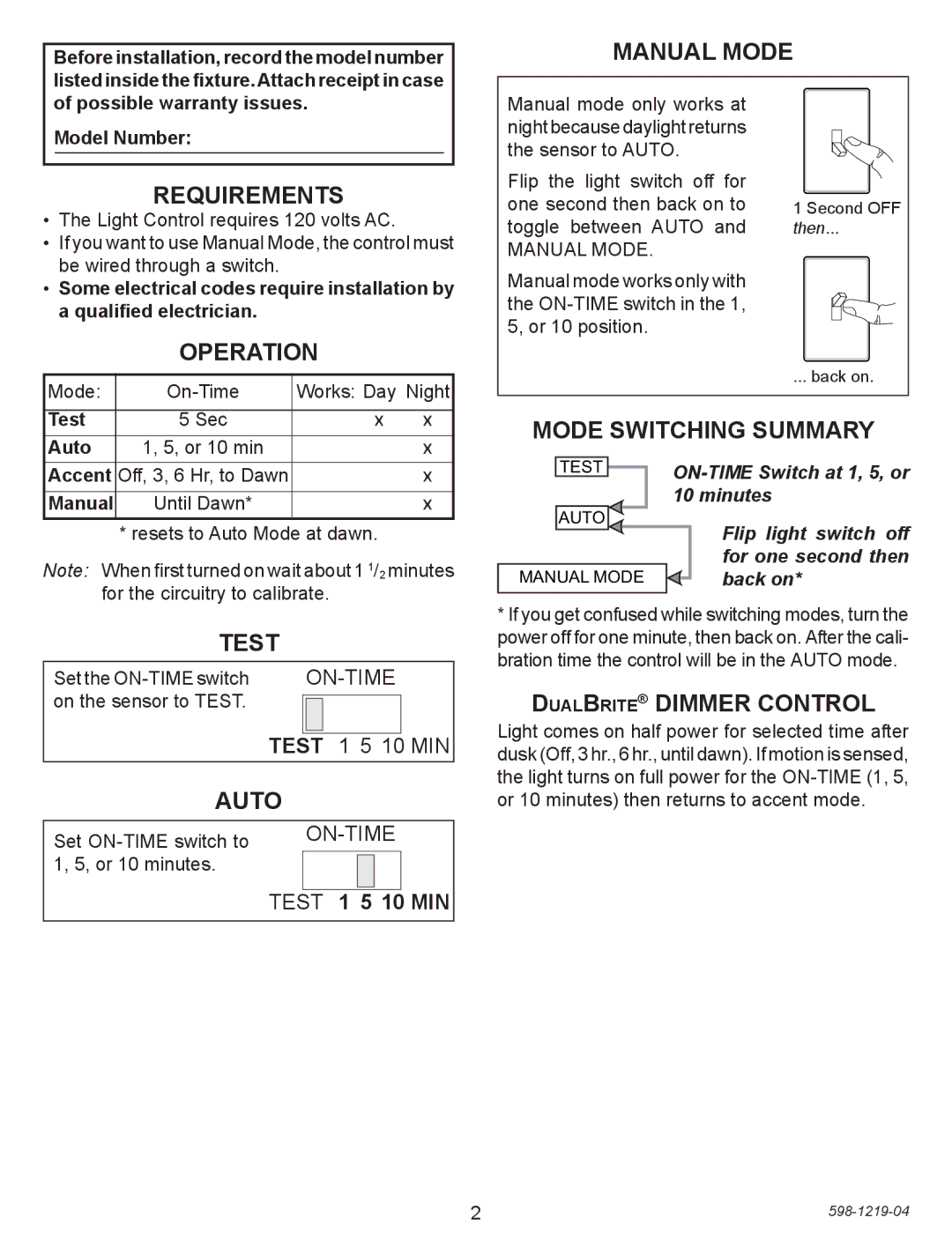 Heath Zenith 4350 manual Manual Mode, Requirements, Operation, Test, Auto, Mode Switching Summary, Dualbrite Dimmer Control 