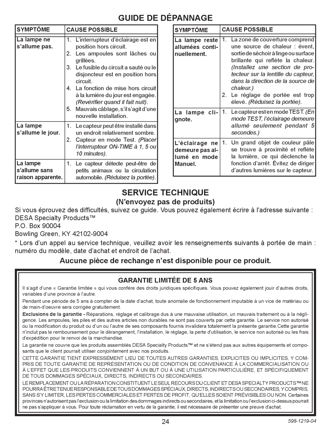 Heath Zenith 4350 manual Guide DE Dépannage, Service Technique, Nenvoyez pas de produits 