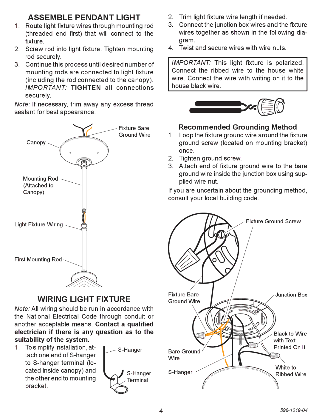 Heath Zenith 4350 manual Assemble Pendant Light, Wiring Light Fixture, Recommended Grounding Method 