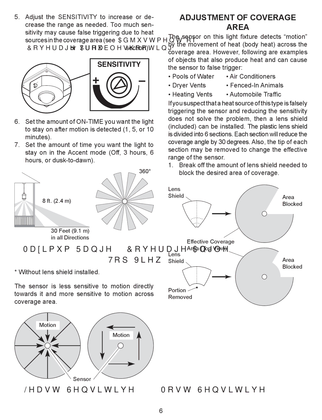 Heath Zenith 4350 manual Adjustment of Coverage Area, Without lens shield installed 