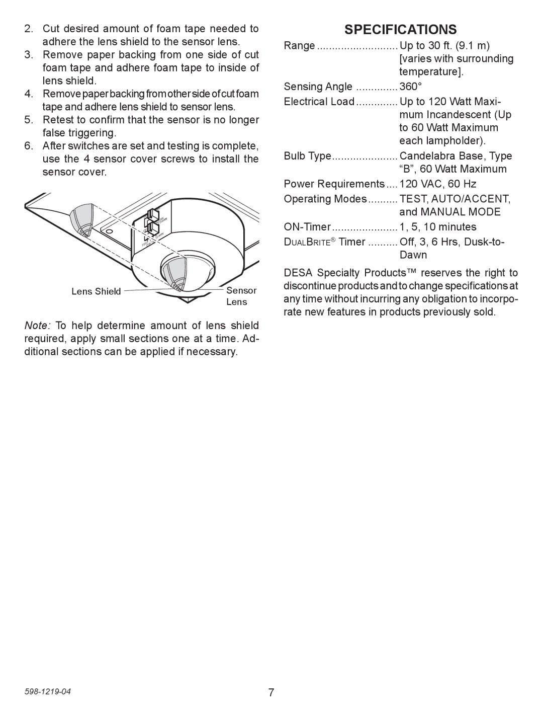 Heath Zenith 4350 manual Specifications, Test, Auto/Accent 