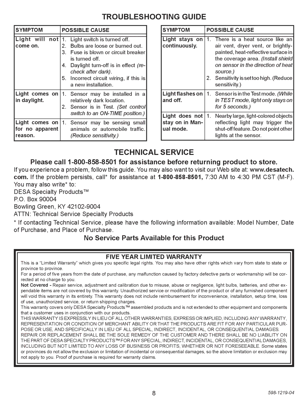 Heath Zenith 4350 manual Troubleshooting Guide, Technical Service, No Service Parts Available for this Product 