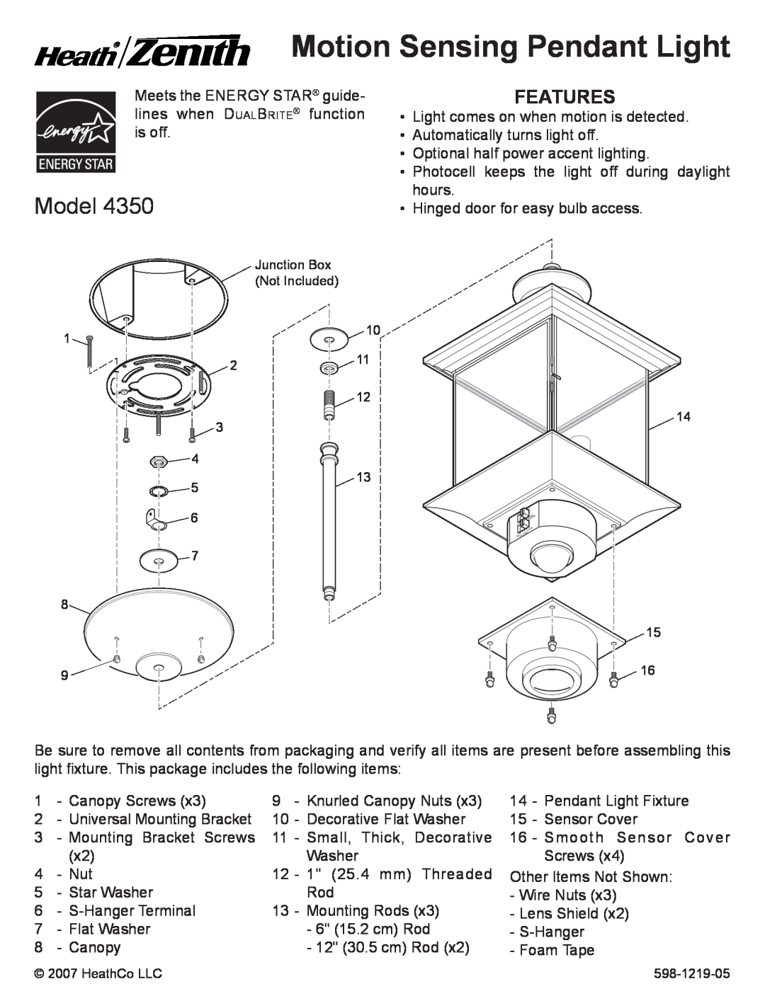 Heath Zenith 4350 manual Motion Sensing Pendant Light, Model, Features 