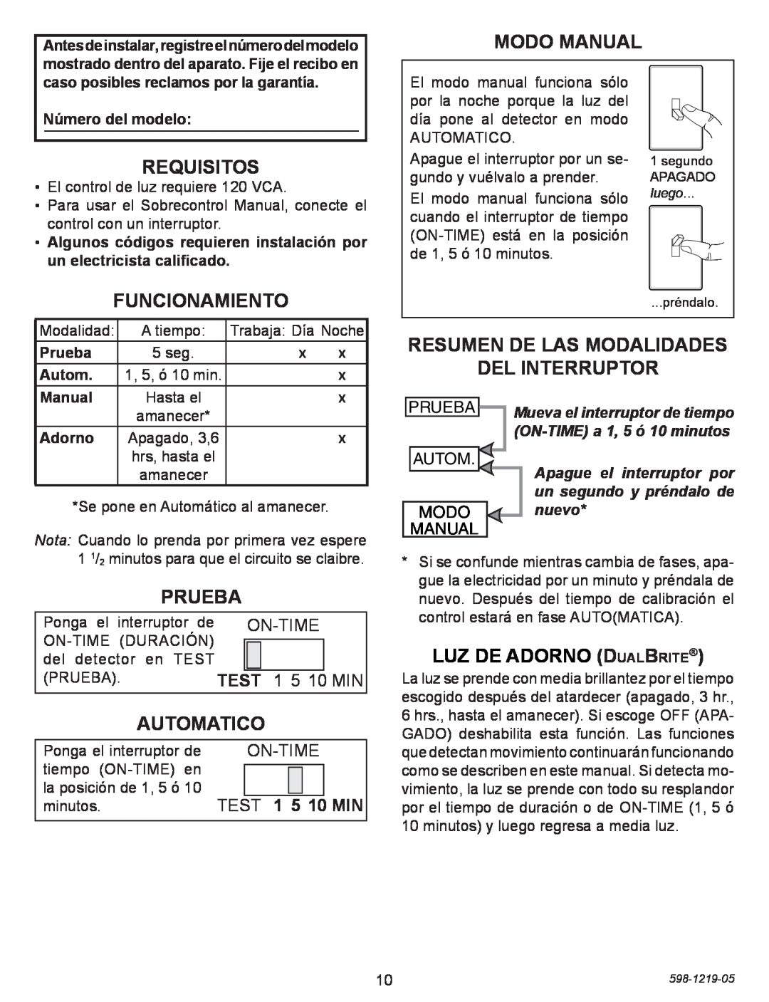 Heath Zenith 4350 Modo Manual, Requisitos, Funcionamiento, Prueba, Automatico, Resumen de las modalidades del interruptor 