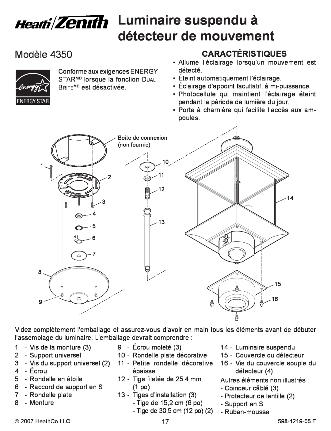 Heath Zenith 4350 manual Luminaire suspendu à détecteur de mouvement, Modèle, Caractéristiques 