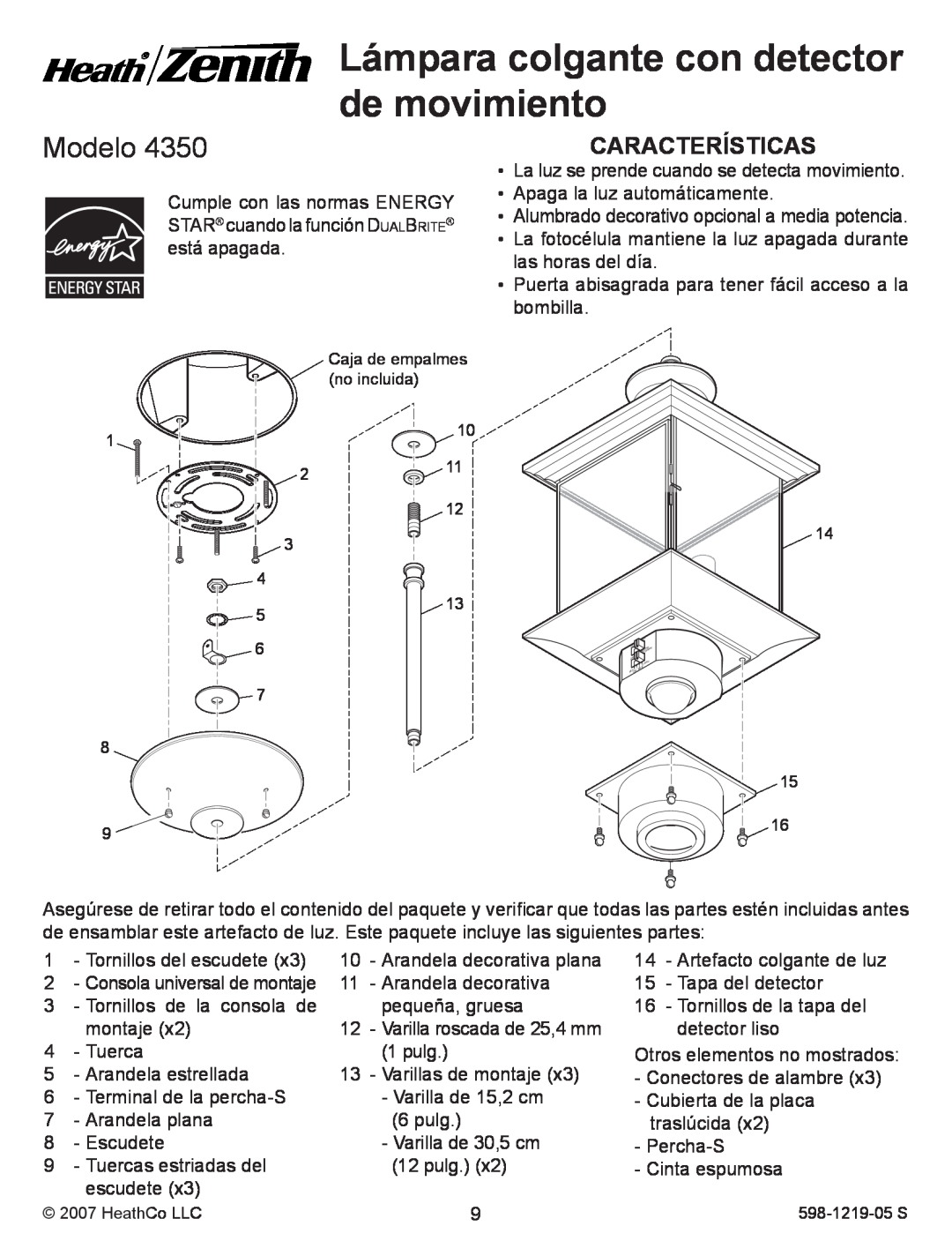 Heath Zenith 4350 manual Lámpara colgante con detector de movimiento, Modelo, Características 
