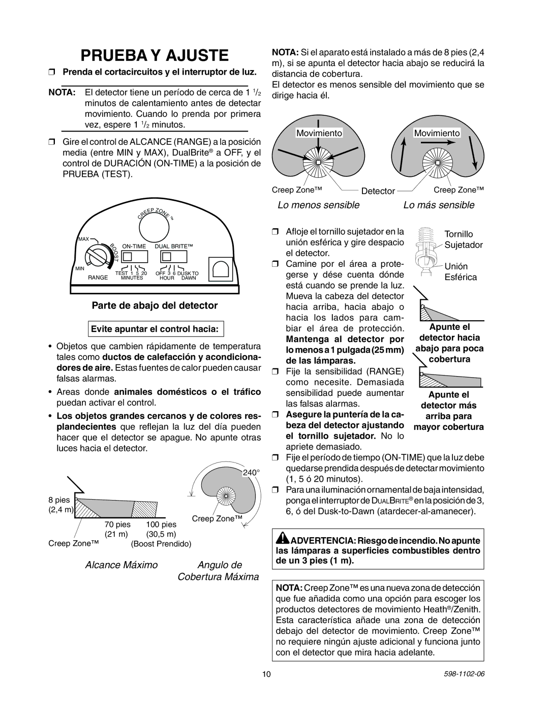 Heath Zenith 5105 manual Prueba Y Ajuste, Prenda el cortacircuitos y el interruptor de luz, Evite apuntar el control hacia 