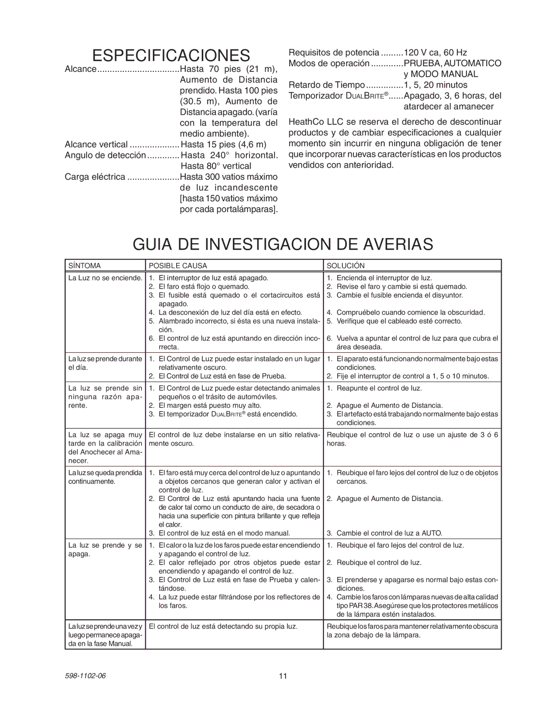 Heath Zenith 5105 manual Especificaciones, Guia DE Investigacion DE Averias 