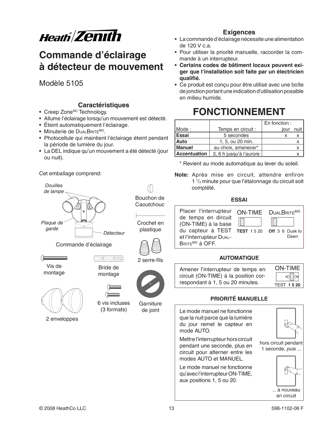 Heath Zenith 5105 manual Commande d’éclairage Détecteur de mouvement, Fonctionnement, Exigences, Caractéristiques 