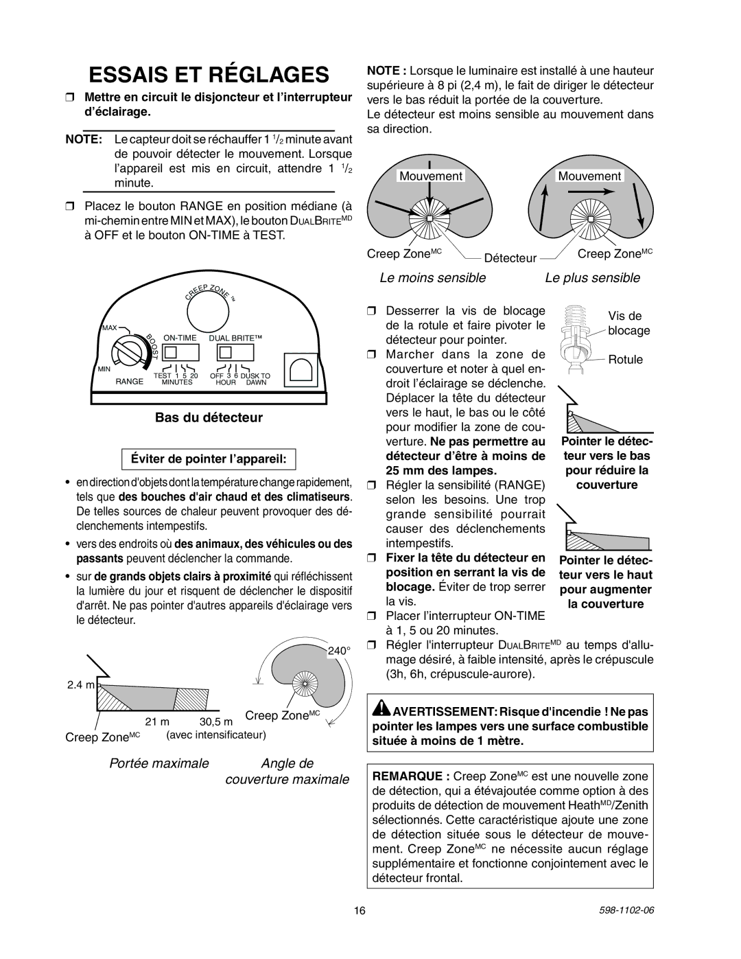 Heath Zenith 5105 manual Essais ET Réglages, Éviter de pointer l’appareil 