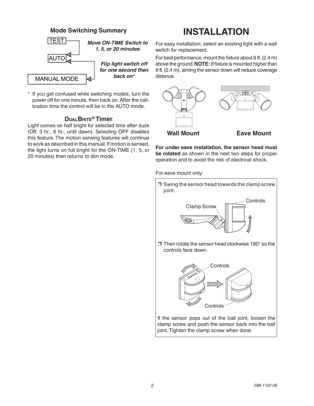 Heath Zenith 5105 manual Installation, Mode Switching Summary, DualBrite Timer, Wall Mount 