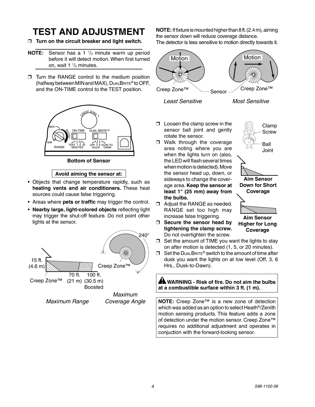 Heath Zenith 5105 manual Test and Adjustment, Turn on the circuit breaker and light switch 