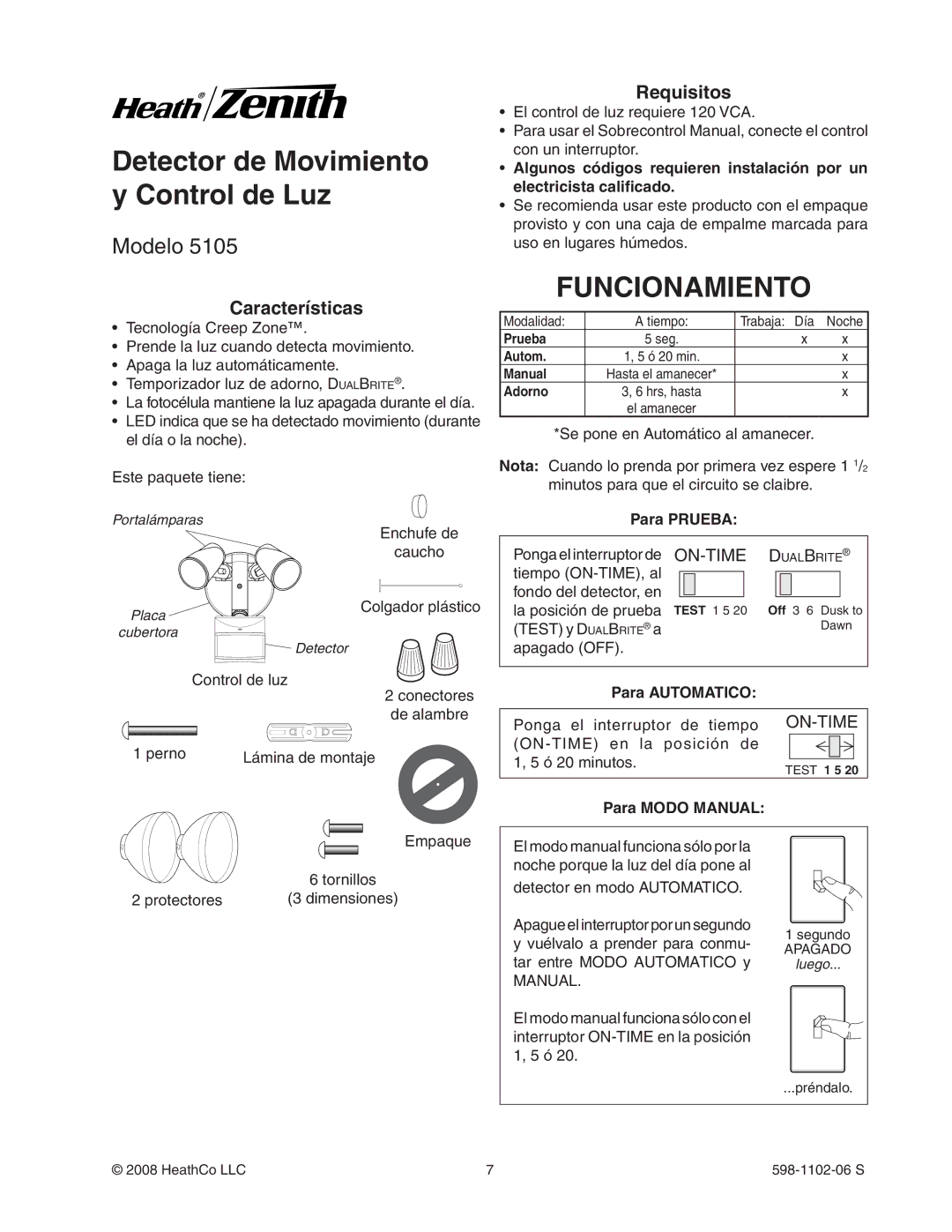 Heath Zenith 5105 manual Detector de Movimiento y Control de Luz, Funcionamiento, Requisitos, Características 