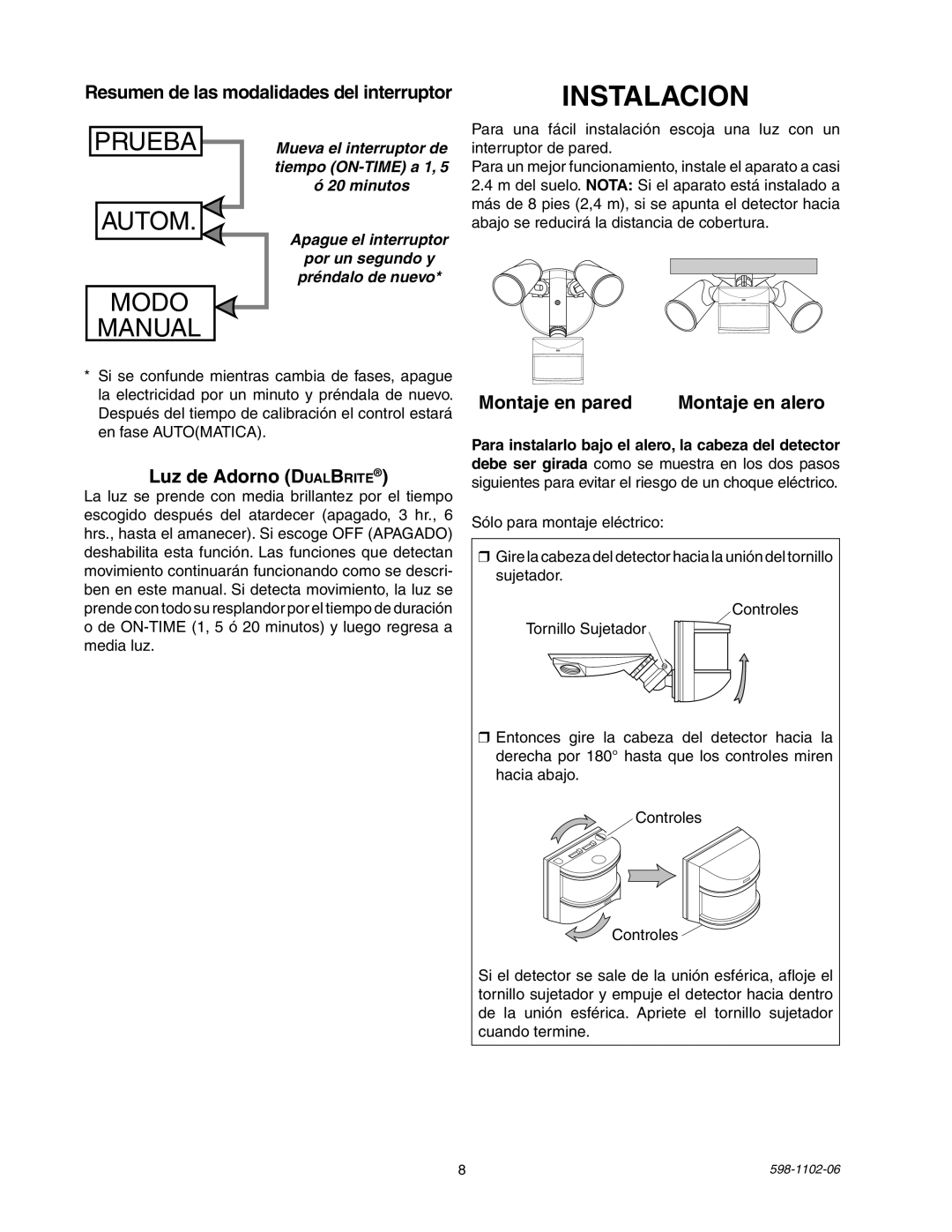 Heath Zenith 5105 manual Instalacion, Resumen de las modalidades del interruptor, Luz de Adorno DualBrite 