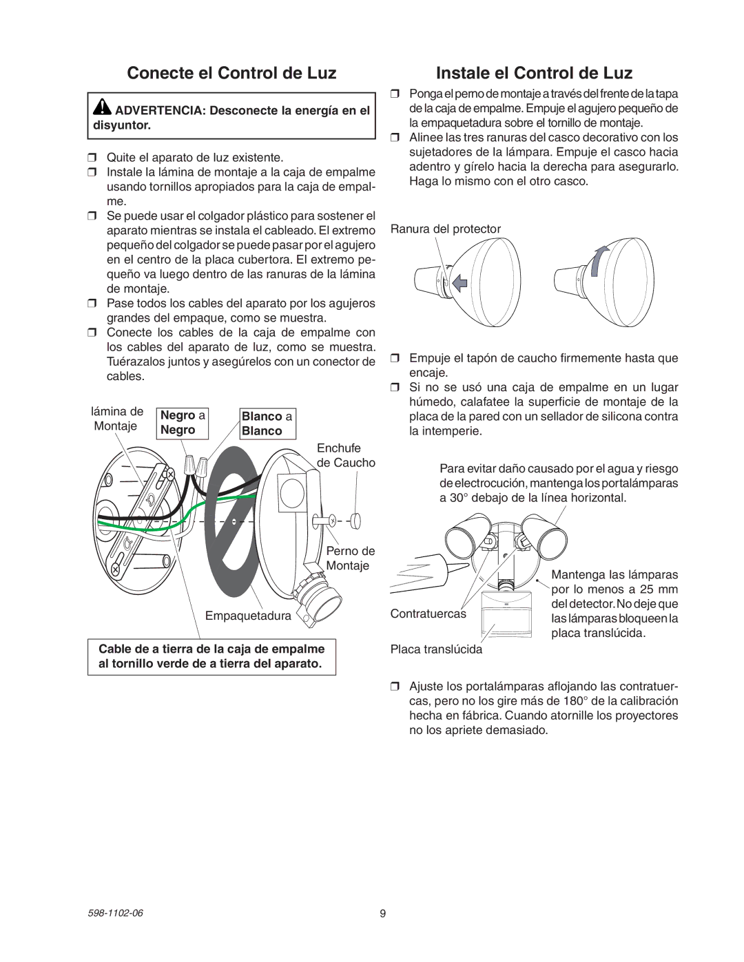 Heath Zenith 5105 manual Advertencia Desconecte la energía en el disyuntor, Lámina de Negro a Blanco a Montaje 