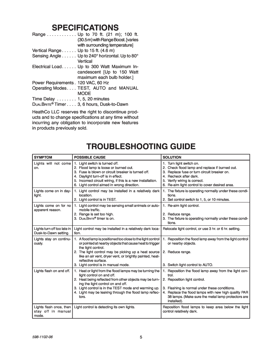 Heath Zenith 5105 manual Specifications, Troubleshooting Guide 