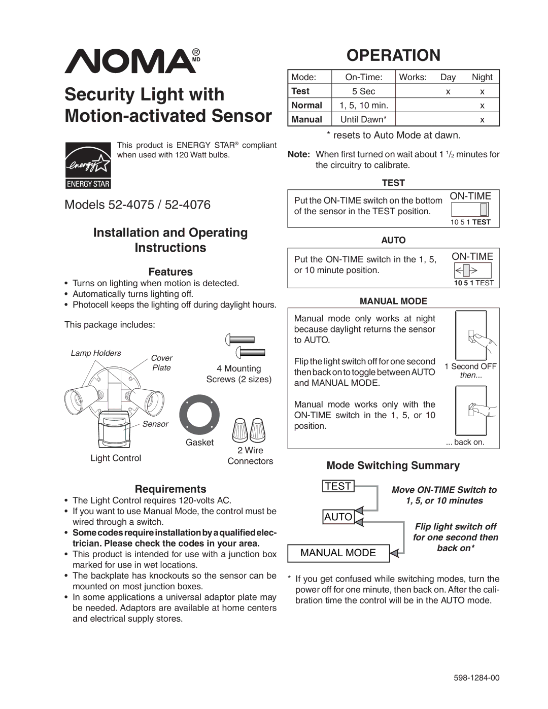 Heath Zenith 52-4075, 52-4076 manual Security Light with Motion-activated Sensor, Operation, Features, Requirements 