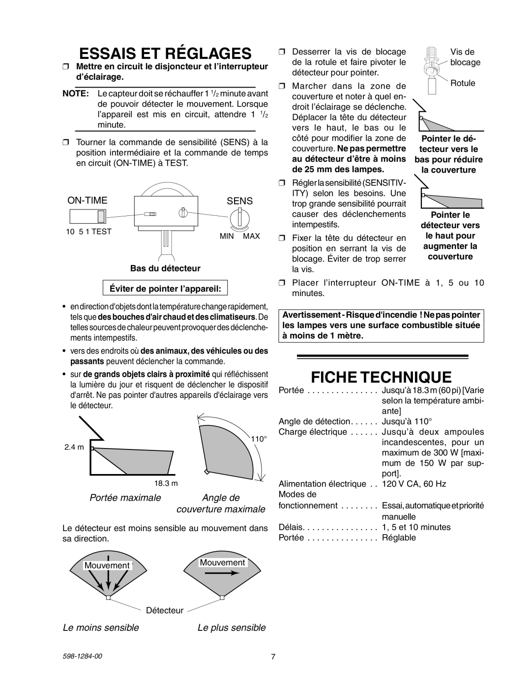 Heath Zenith 52-4075 Essais ET Réglages, Fiche Technique, Portée maximale Angle de, Le moins sensible Le plus sensible 