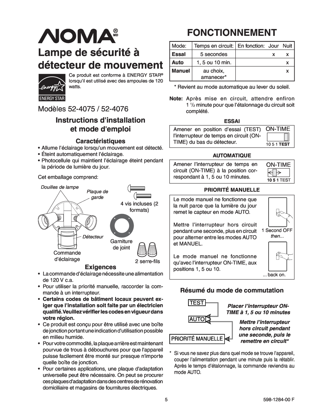 Heath Zenith 52-4075 Lampe de sécurité à détecteur de mouvement, Fonctionnement, Modèles, Caractéristiques, Exigences 