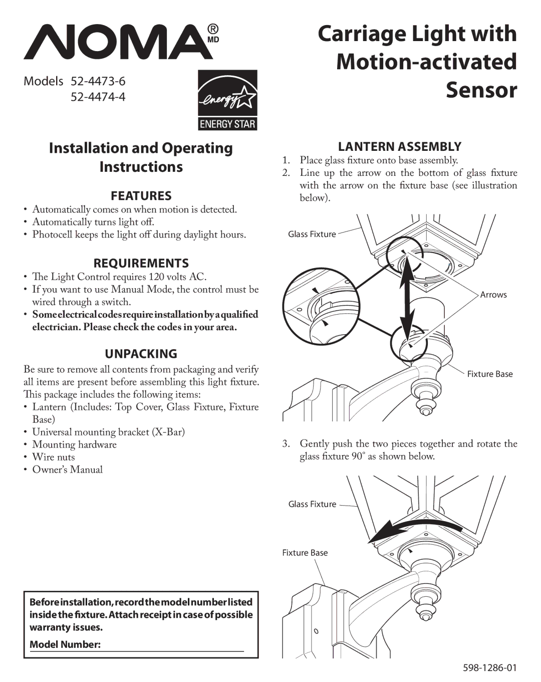 Heath Zenith 52-4473-6, 52-4474-4 operating instructions Features, Requirements, Unpacking, Lantern Assembly 