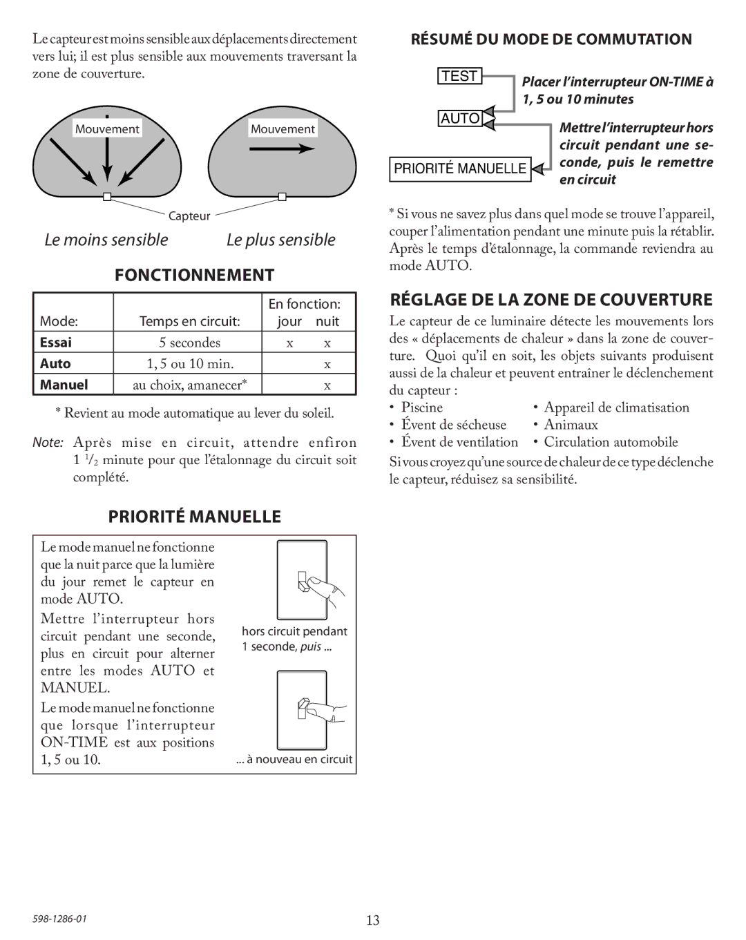 Heath Zenith 52-4473-6, 52-4474-4 operating instructions Fonctionnement, Priorité Manuelle, Réglage DE LA Zone DE Couverture 