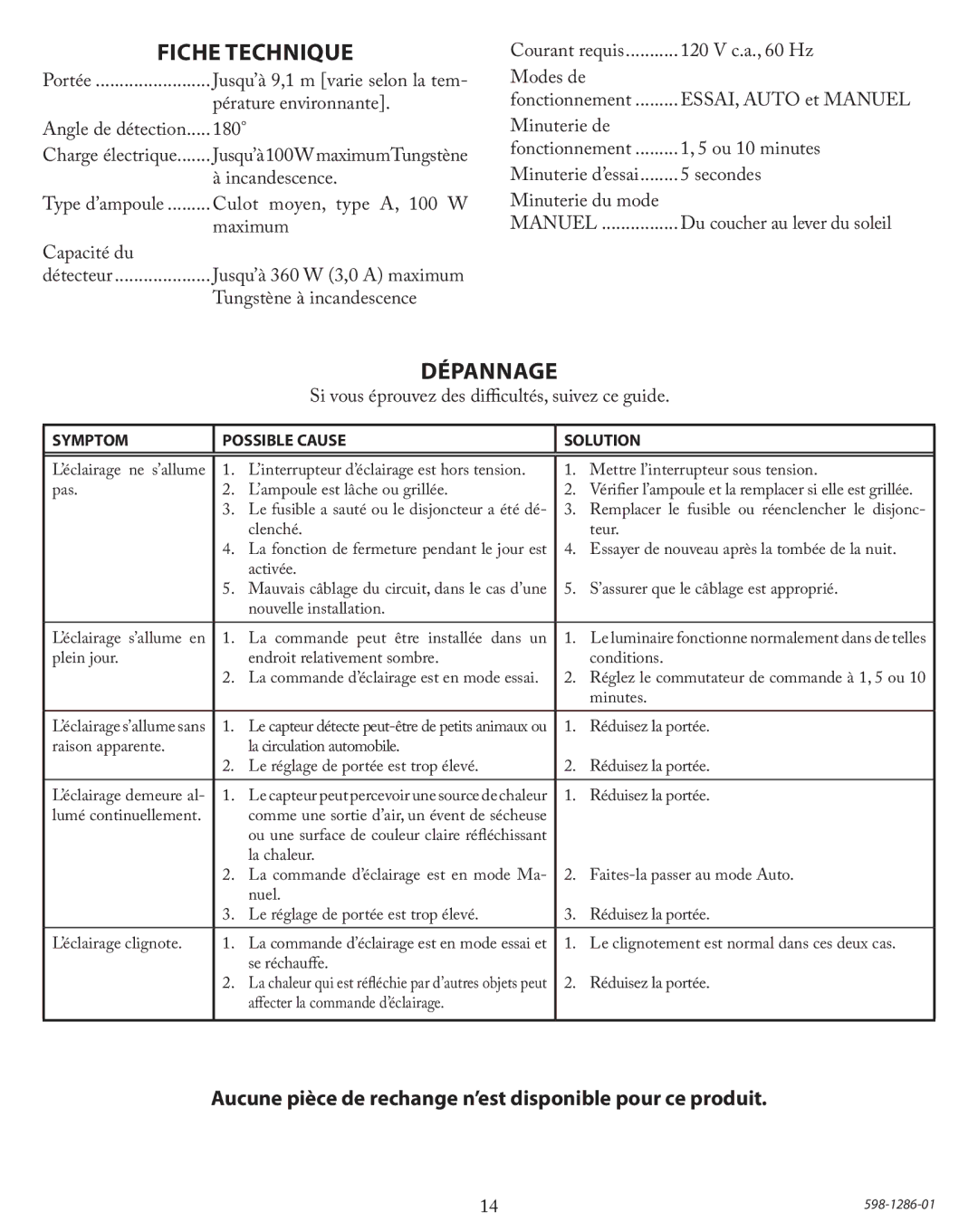 Heath Zenith 52-4474-4, 52-4473-6 operating instructions Fiche Technique, Dépannage 