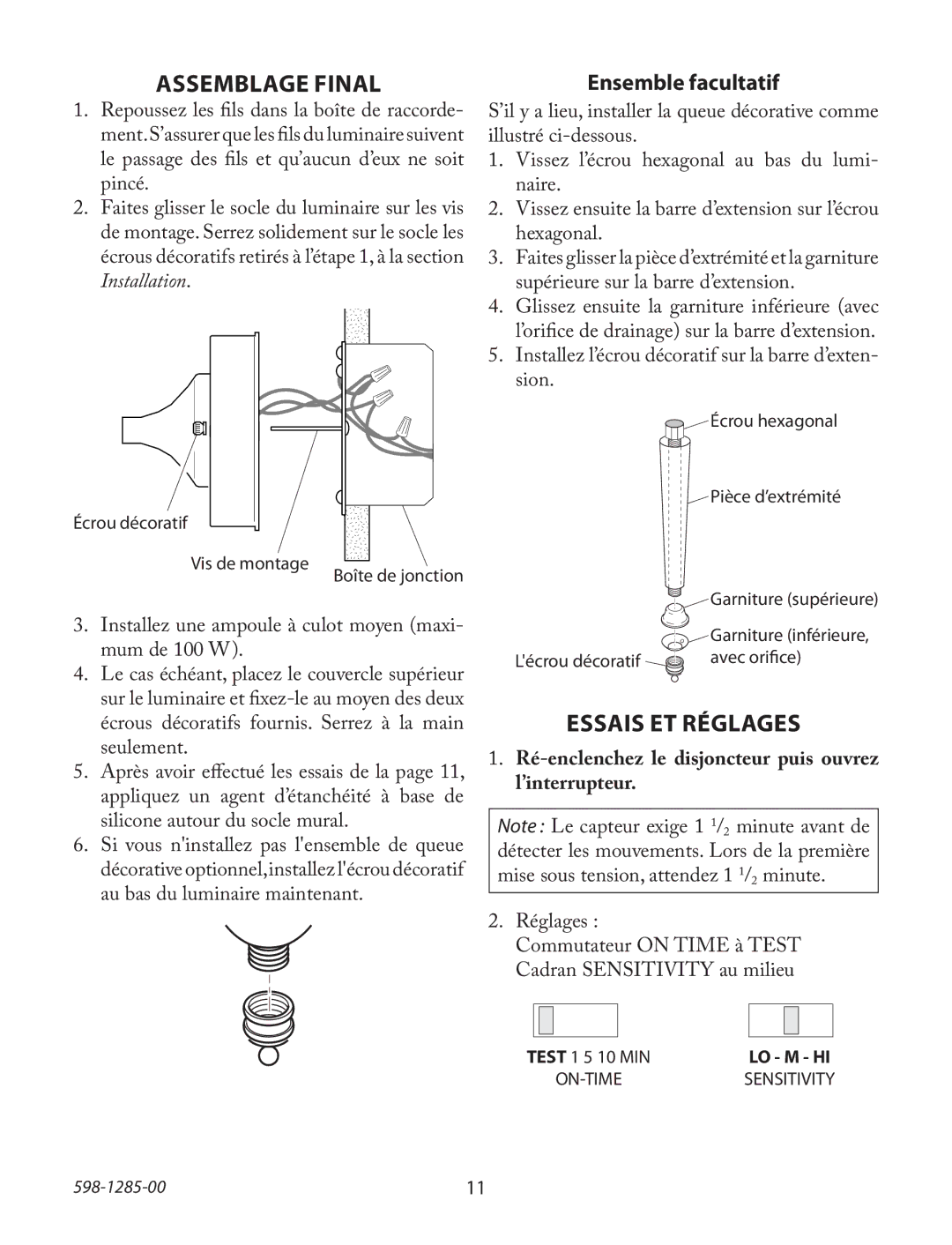 Heath Zenith 52-4477-8 operating instructions Assemblage Final, Essais ET Réglages, Ensemble facultatif 