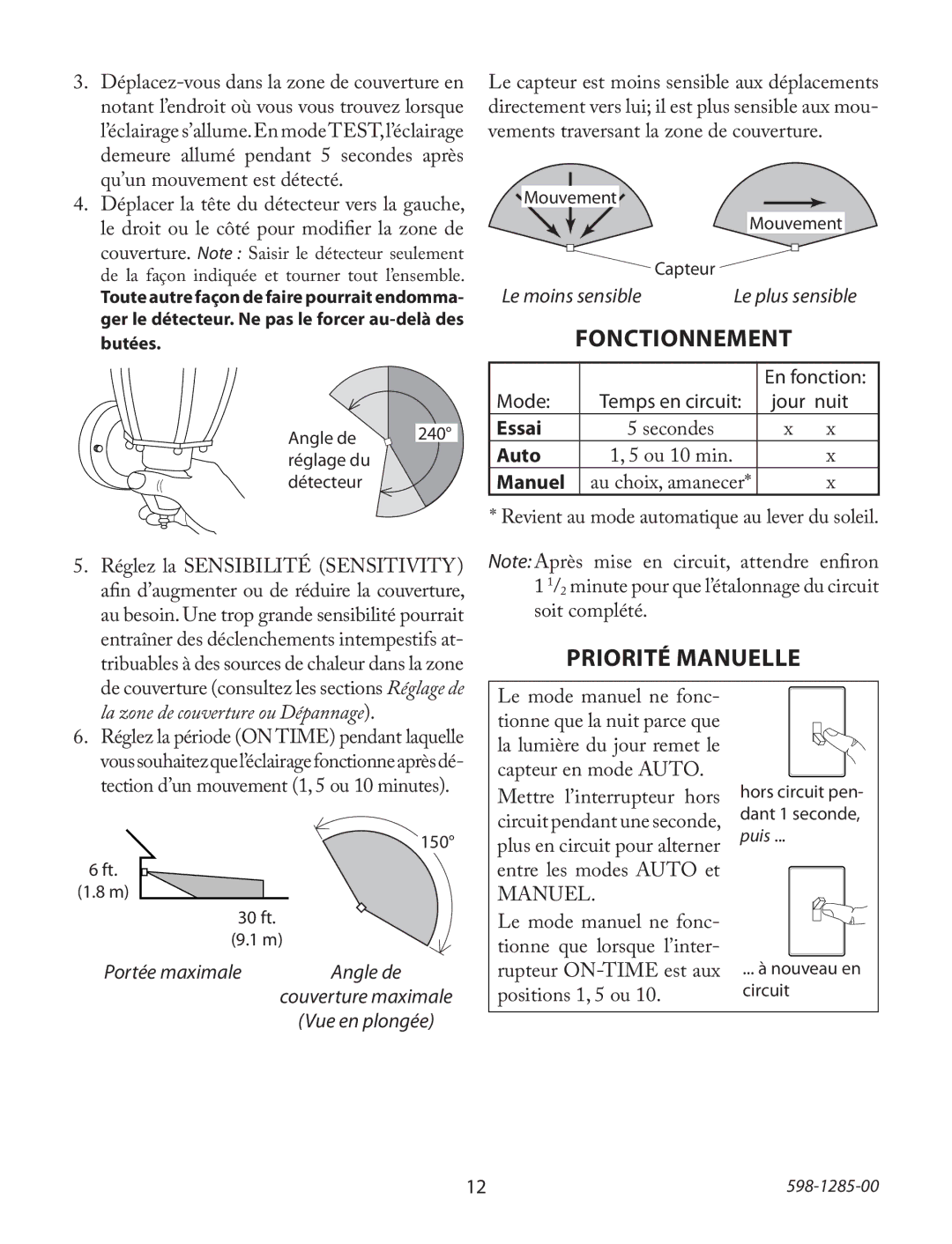 Heath Zenith 52-4477-8 operating instructions Fonctionnement, Priorité Manuelle 