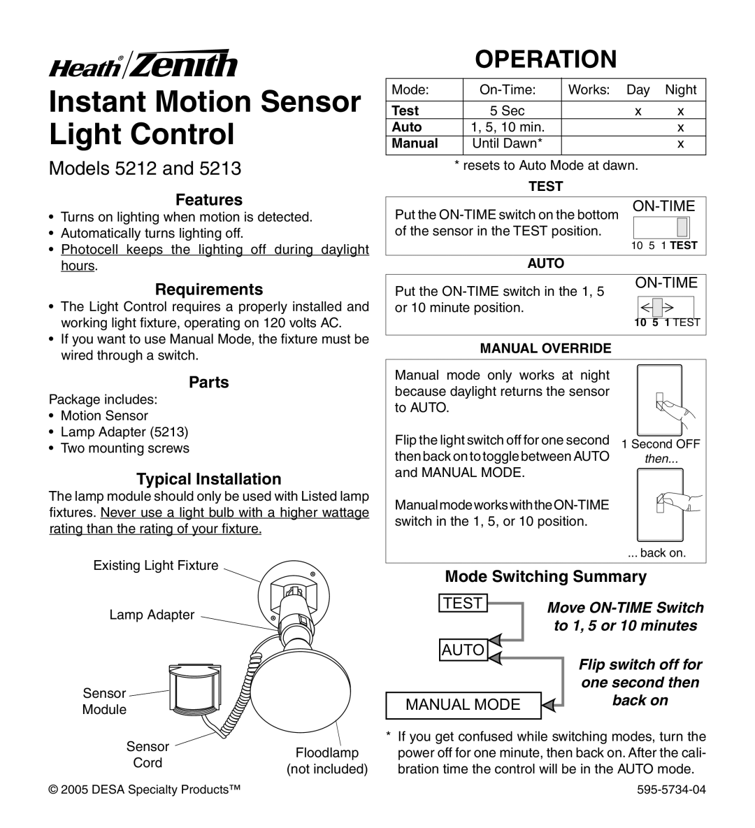 Heath Zenith 5213 manual Operation, Models 5212 