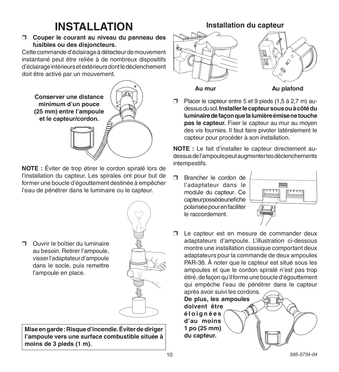 Heath Zenith 5213, 5212 manual Installation du capteur, Au mur Au plafond 