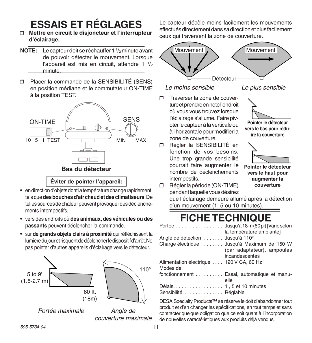 Heath Zenith 5212, 5213 manual Essais ET Réglages, Fiche Technique, Bas du détecteur, Éviter de pointer l’appareil 