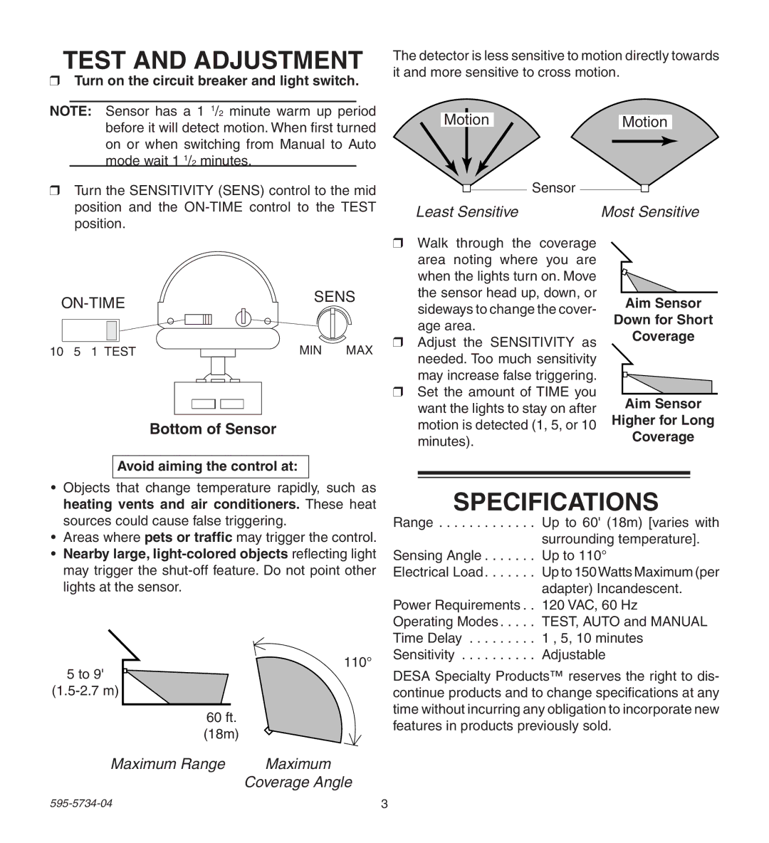 Heath Zenith 5212, 5213 manual Test and Adjustment, Specifications, Bottom of Sensor 