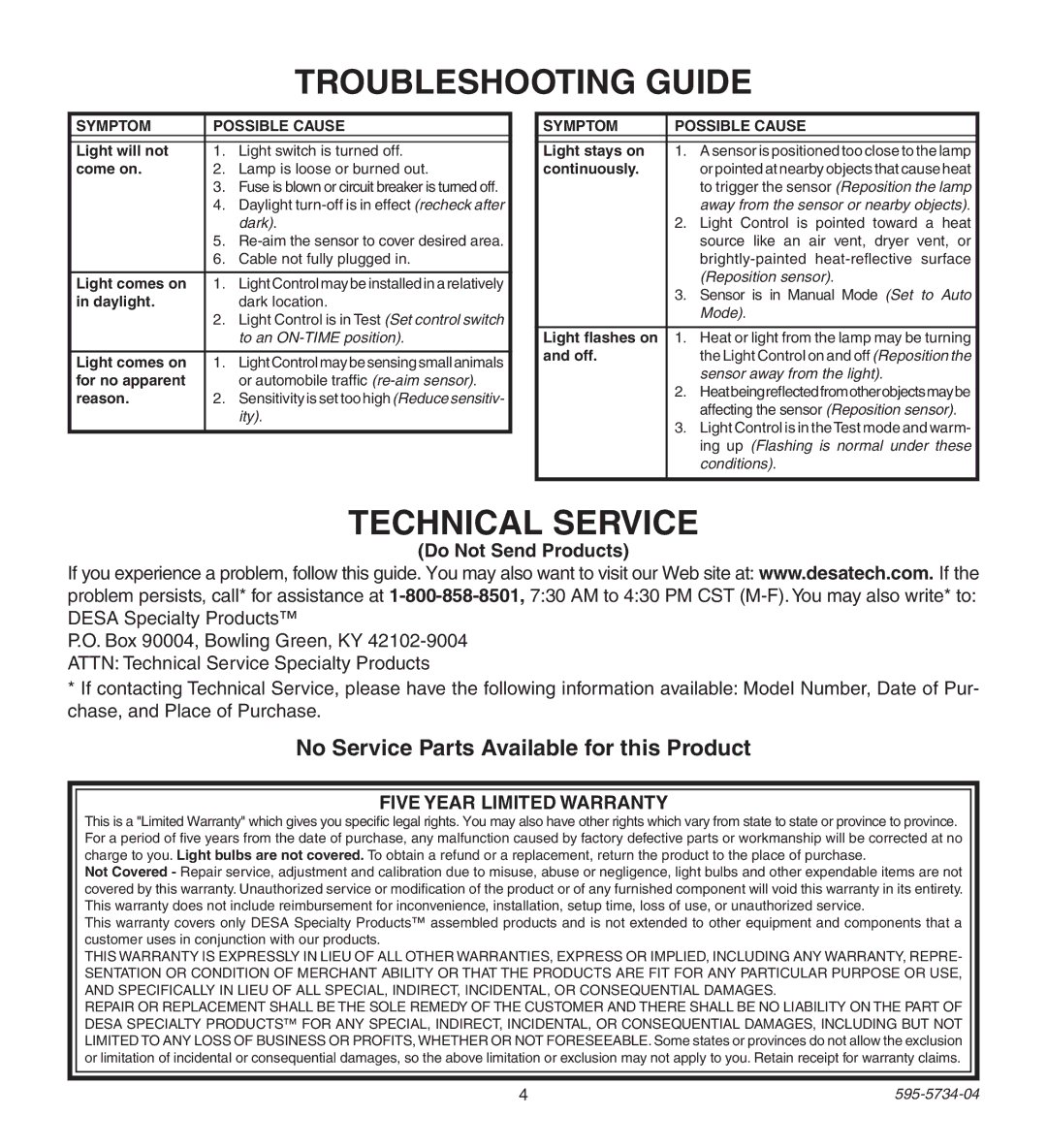 Heath Zenith 5213, 5212 manual Troubleshooting Guide, Technical Service, No Service Parts Available for this Product 