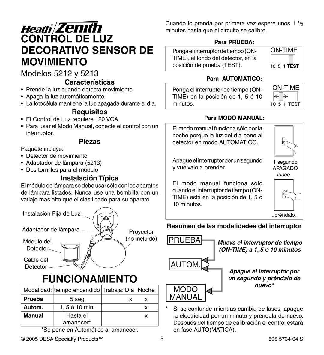 Heath Zenith 5213 manual Control DE LUZ Decorativo Sensor DE Movimiento, Funcionamiento, Modelos 5212 y 