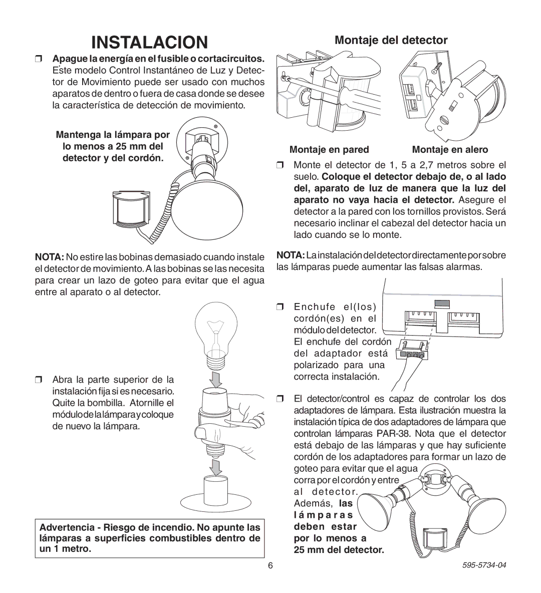 Heath Zenith 5213, 5212 manual Instalacion, Montaje del detector, Montaje en pared 