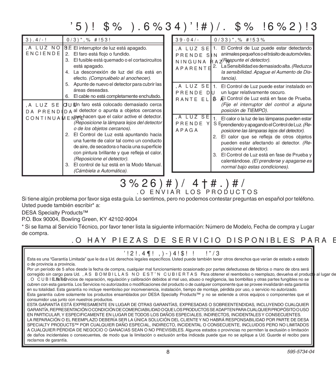 Heath Zenith 5213 Guia DE Investigacion DE Averias, Servicio Técnico, No enviar los productos, Garantía Limitada a 5 Años 