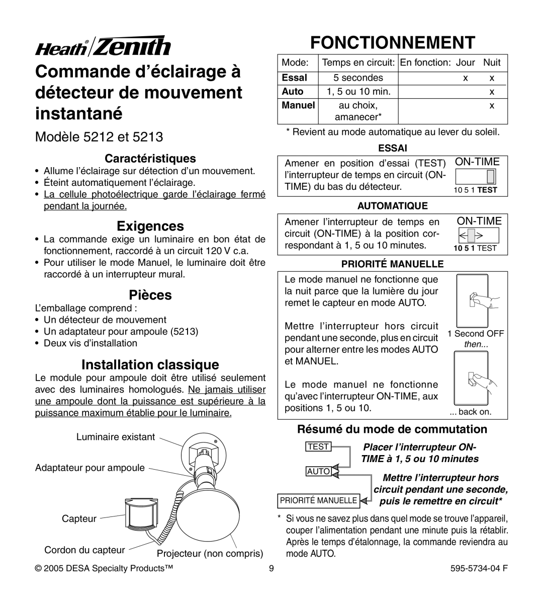 Heath Zenith 5213 manual Fonctionnement, Modèle 5212 et, Caractéristiques, Résumé du mode de commutation 