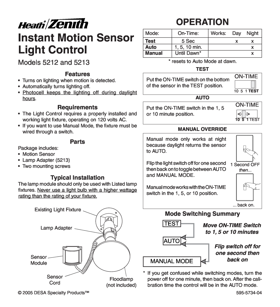 Heath Zenith manual Operation, Models 5212 and, Features, Requirements, Parts, Typical Installation, On-Time, Test 