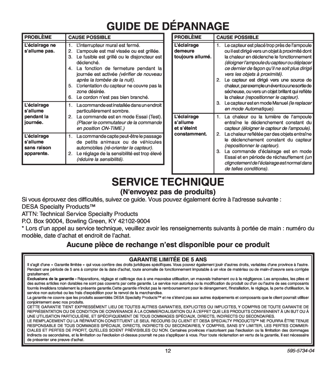 Heath Zenith 5213, 5212 manual Guide De Dépannage, Service Technique, Nenvoyez pas de produits 