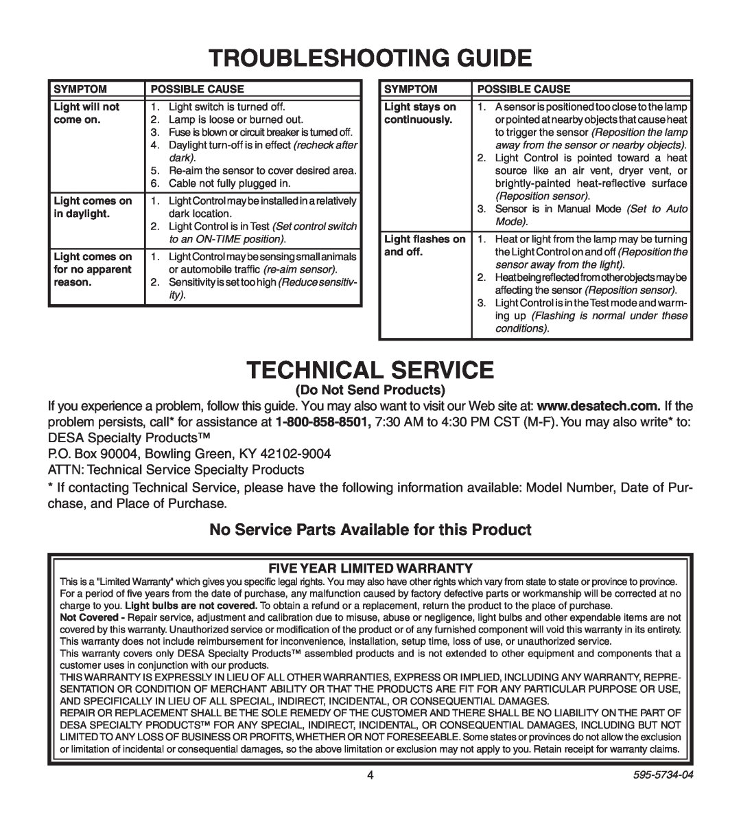 Heath Zenith 5213, 5212 manual Troubleshooting Guide, Technical Service, No Service Parts Available for this Product 