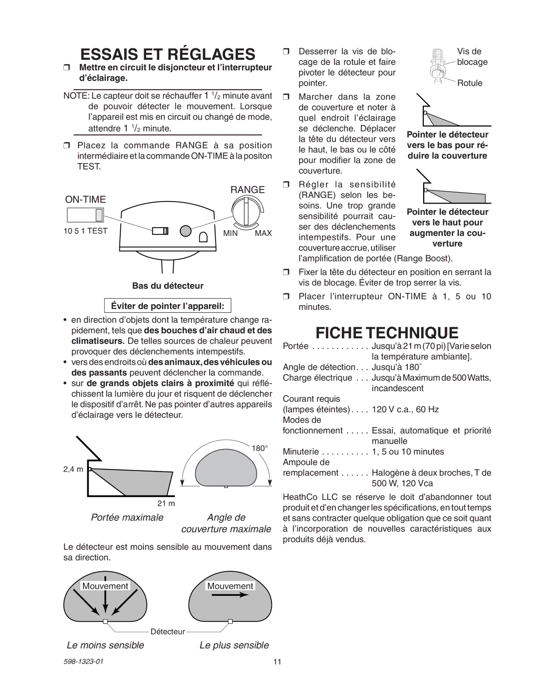 Heath Zenith 5310 manual Essais ET Réglages, Fiche Technique, Portée maximale Angle de, Le moins sensible 